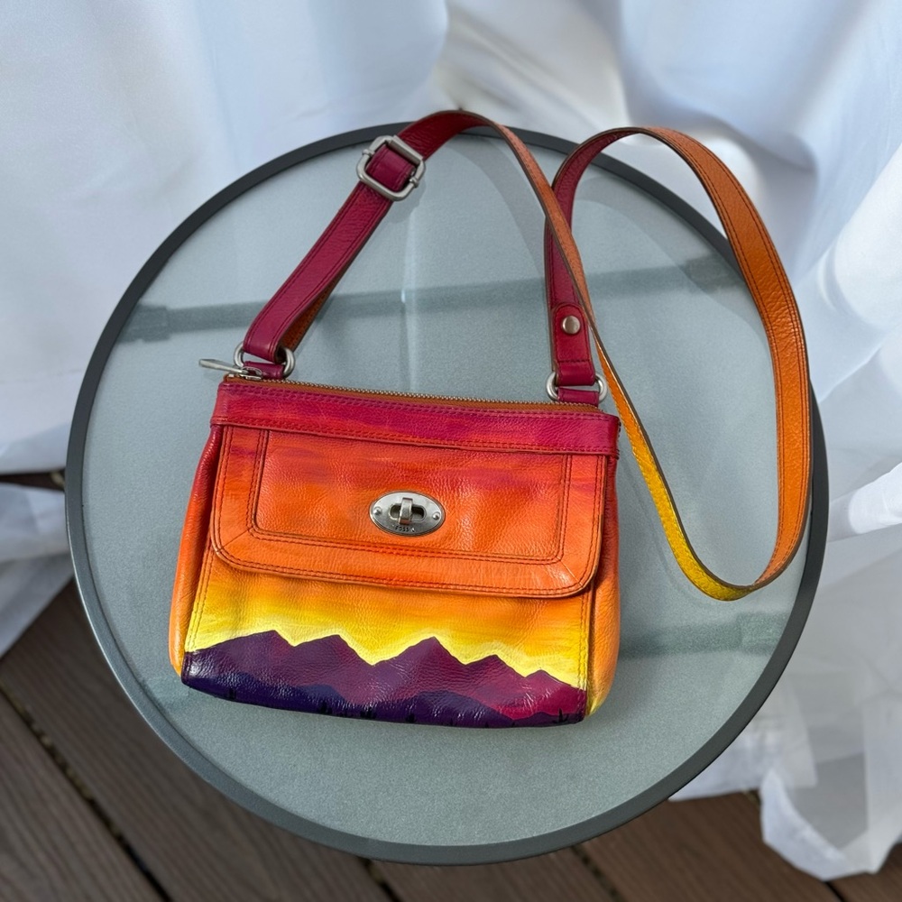 Southwest hand painted, crossbody, Southwest Sunset, upcycled, handbag.